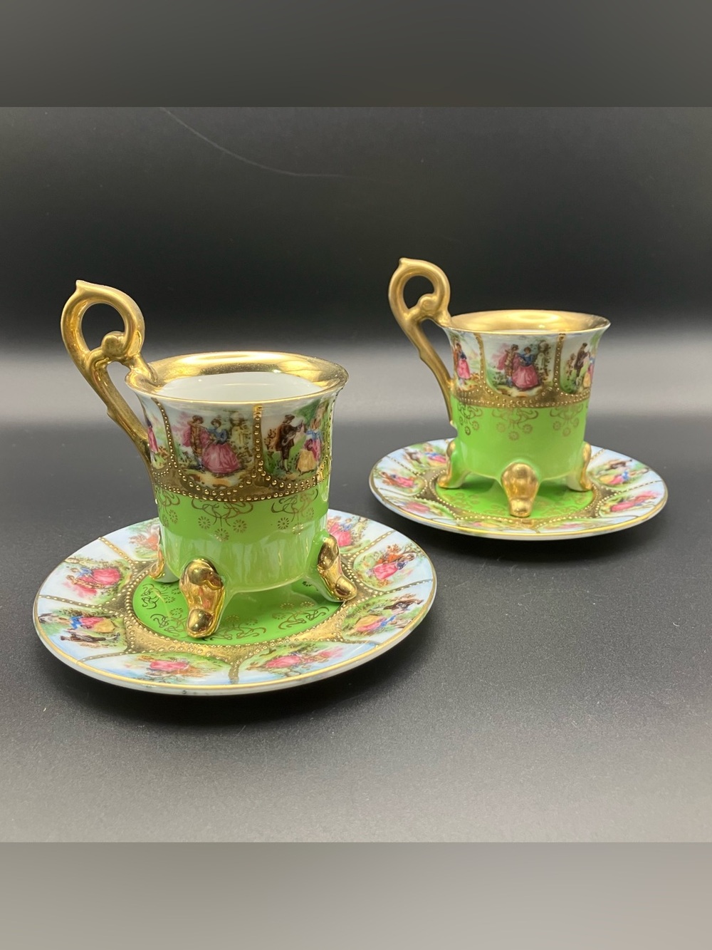 Green Vintage Courting Couple Demitasse Cup & Saucer Double Set